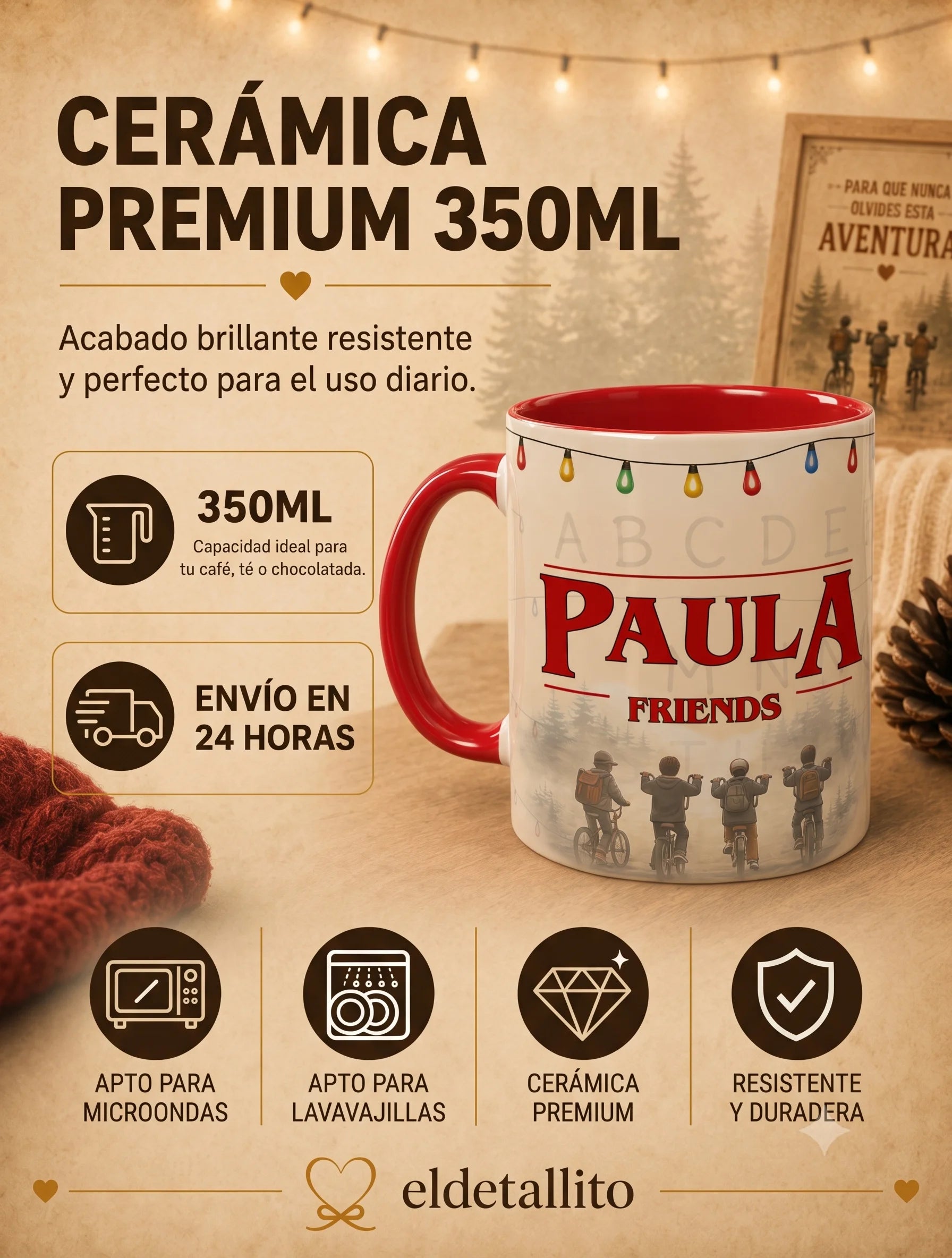 Taza personalizada inspirada en Stranger Things con nombre y dedicatoria en cerámica premium de 350 ml. 7
