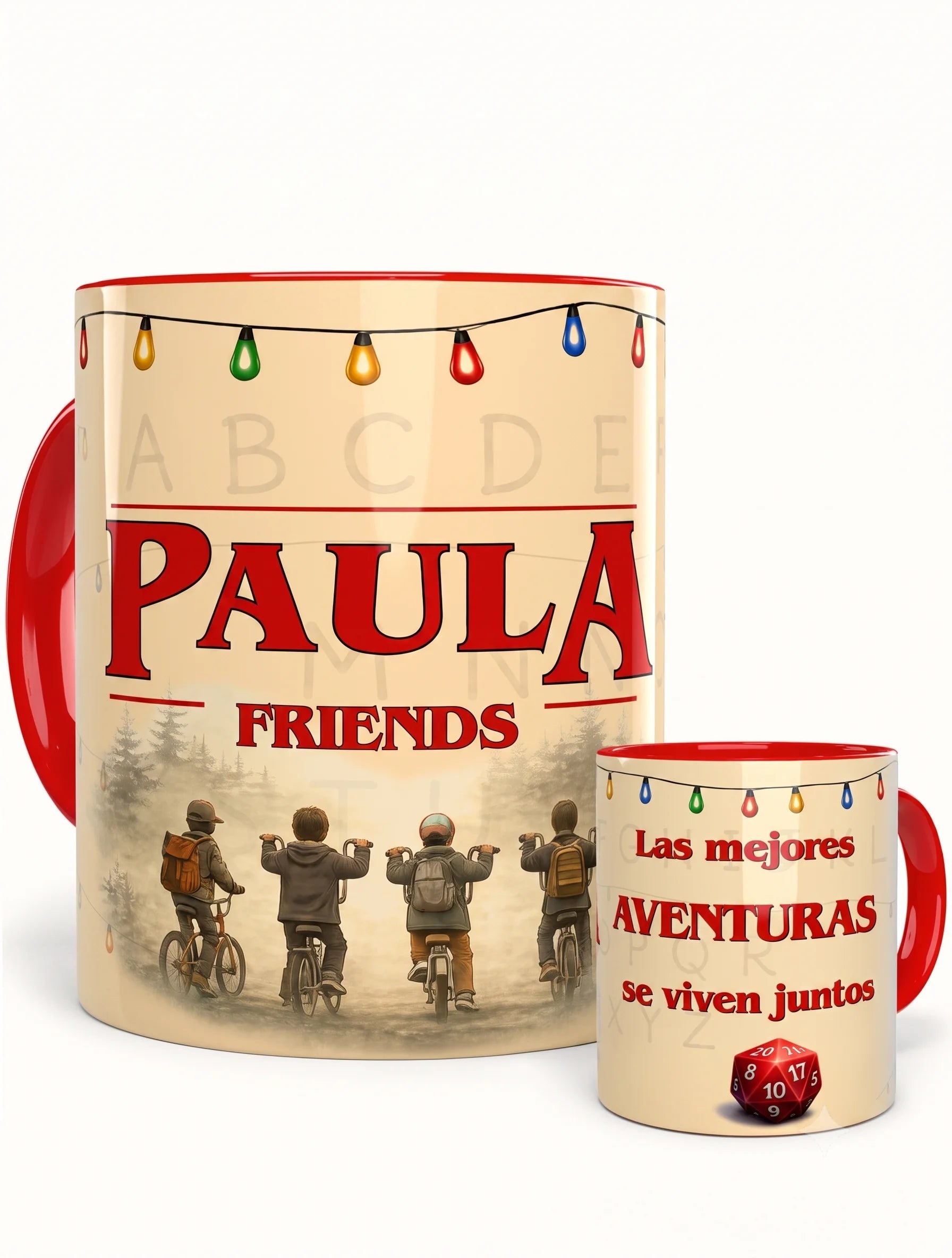 Taza personalizada inspirada en Stranger Things con nombre y dedicatoria en cerámica premium de 350 ml.